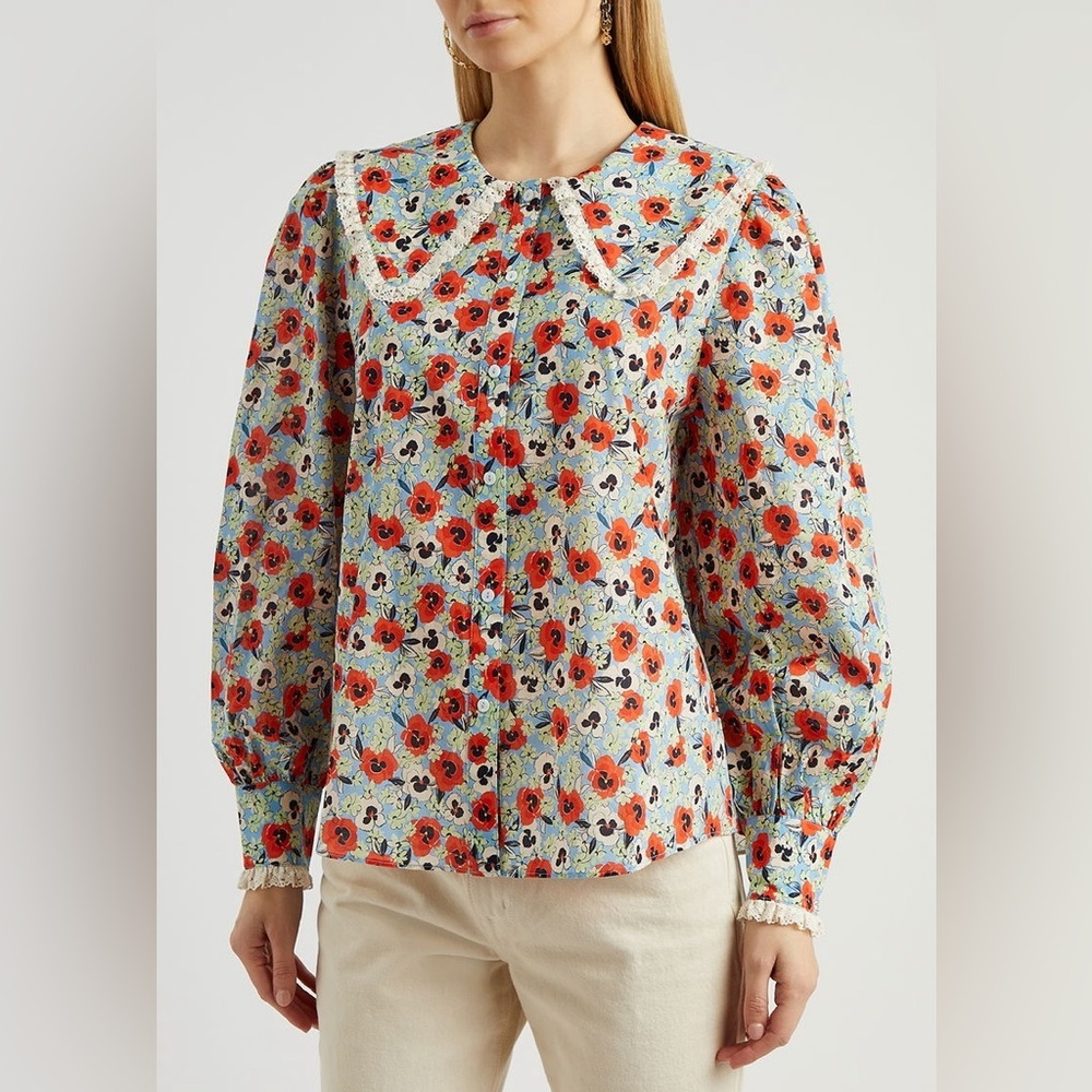 Rixo Misha‎ Floral Print Cotton Blouse Blue Multicolor Peter Pan Collar Small